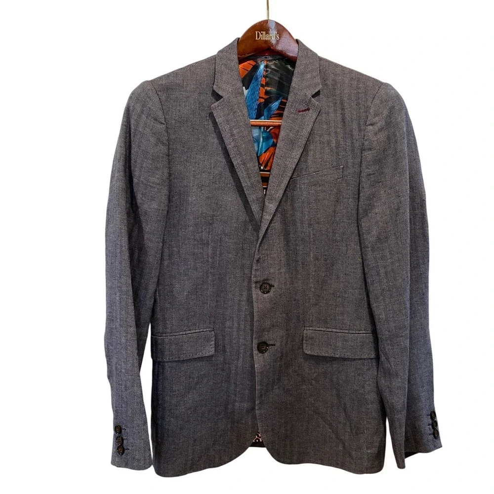 Ted Baker London Mens Gray‎ Herringbone Cotton Linen Blazer Jacket Size 3 38R